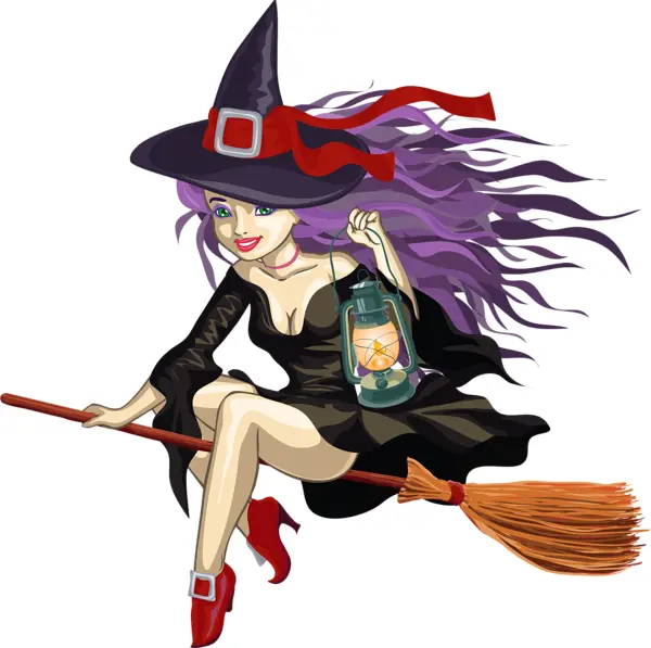 Purple-haired Witch with Lantern on Broomstick