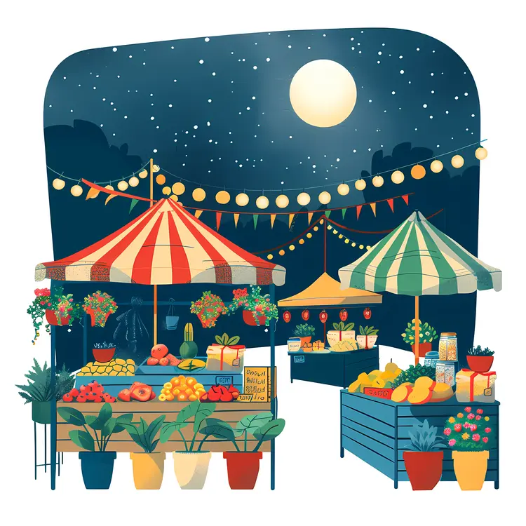 Night Market Stalls Under Moonlight