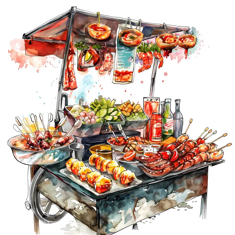 Street Food Cart with Grilled Items