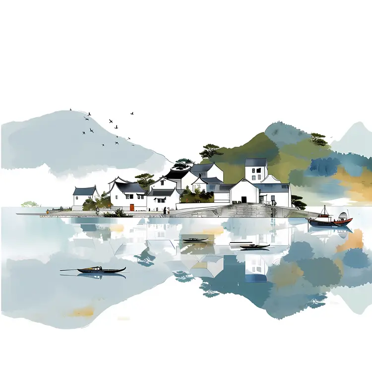 Watercolor Village with Boats