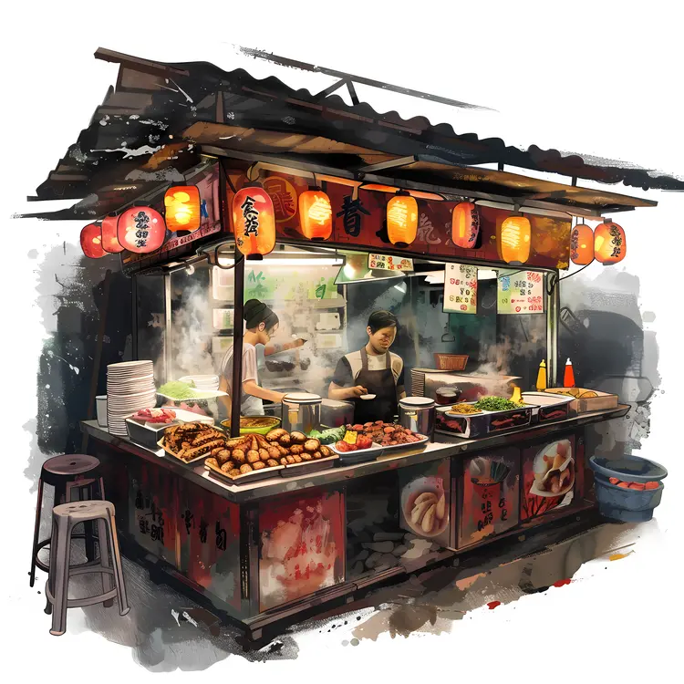 Traditional Street Food Stall with Lanterns