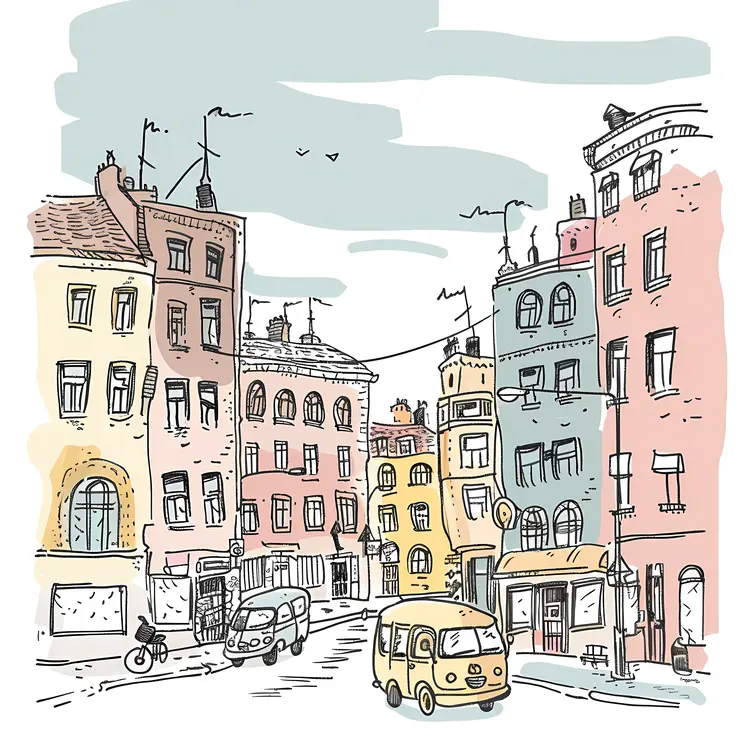 Illustrated City Street with Buildings and Cars