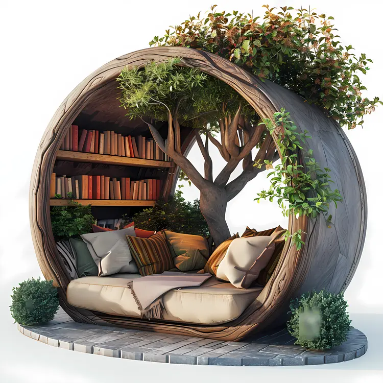 Circular Bookshelf with Tree and Cushions