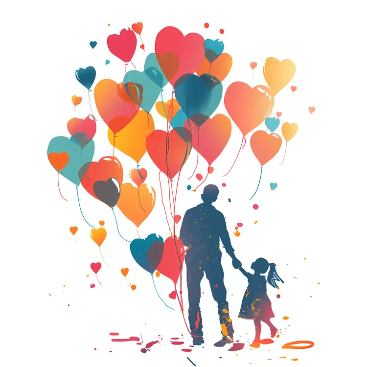 Silhouette of Man and Girl with Heart Balloons