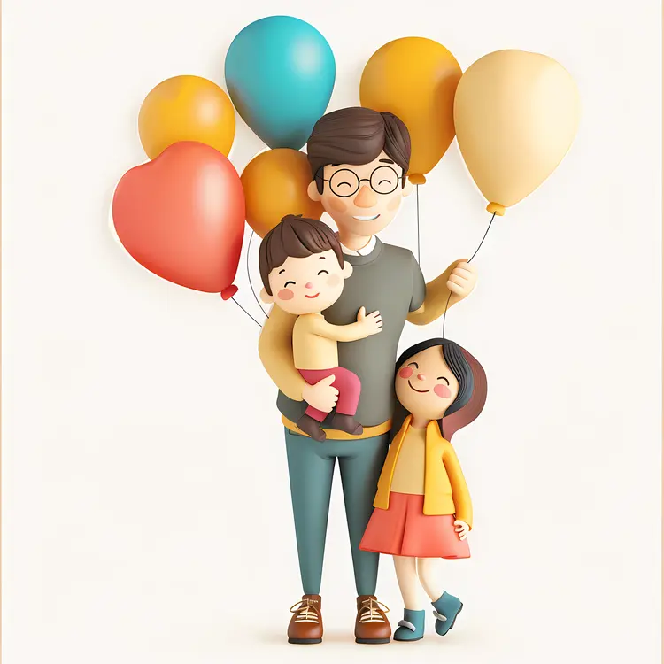 Father with Children and Balloons Illustration