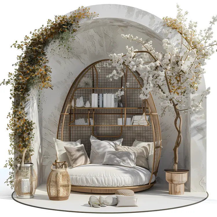 Nature-Inspired Reading Nook with Cushions and Books