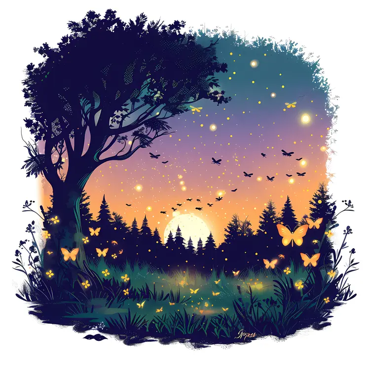 Beautiful Sunset Forest with Butterflies