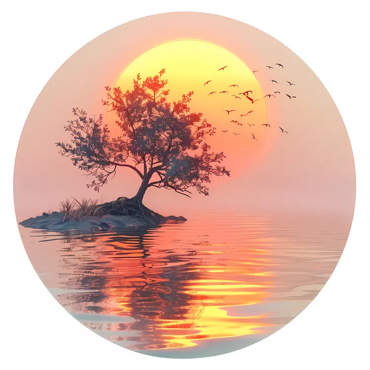 Serene Sunset with Tree and Birds