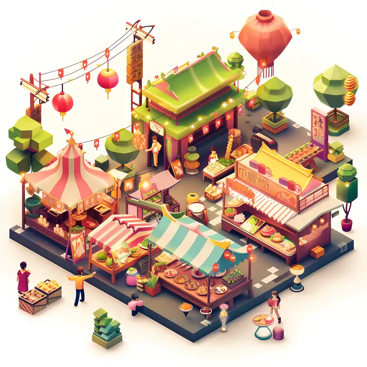 Colorful Market Stalls with Various Vendors
