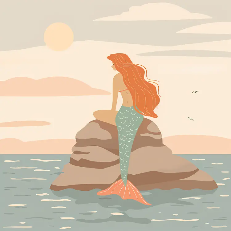 Mermaid Sitting on a Rock at Sunset