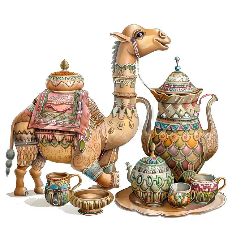 Ornate Camel with Teapot and Cups