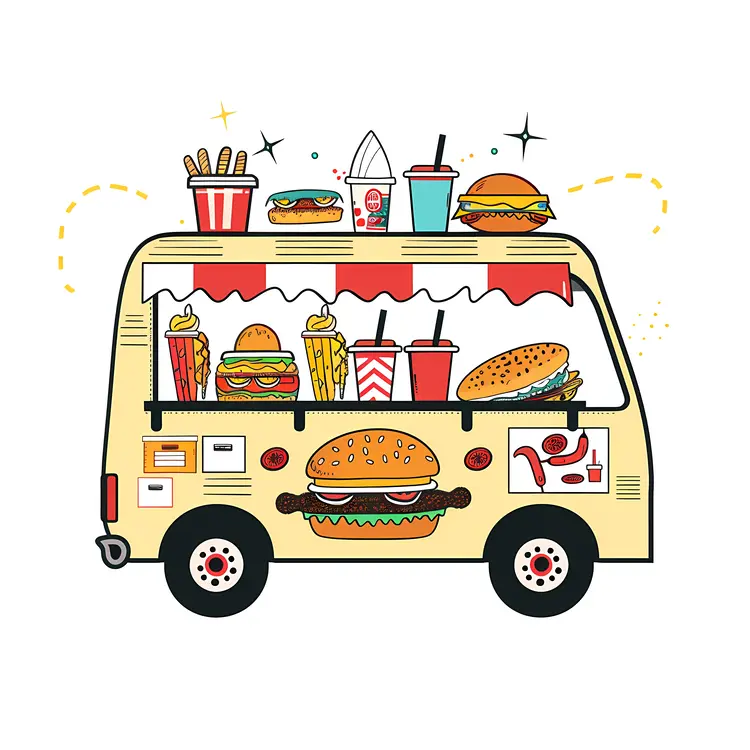 Colorful Food Truck with Burgers and Fries