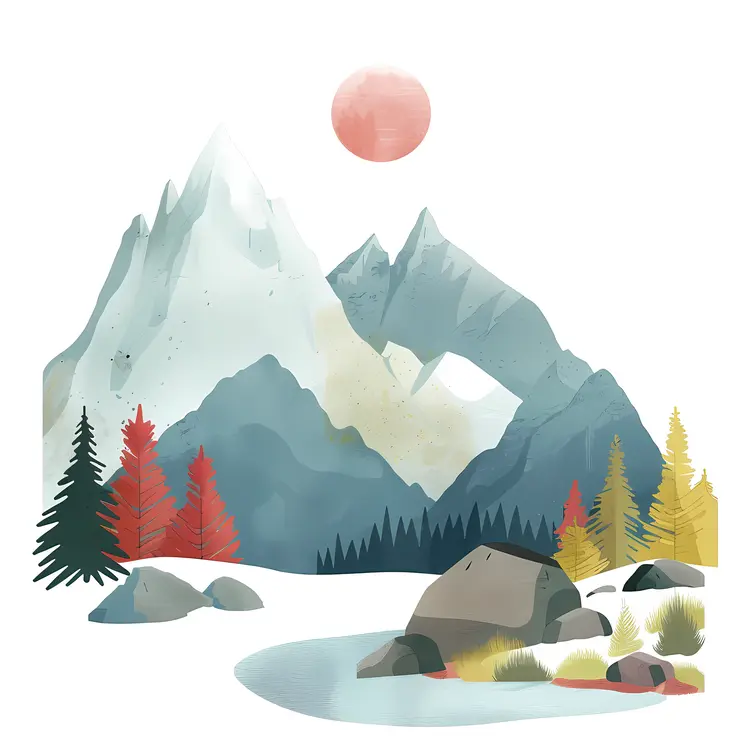 Mountain Landscape with Red Sun