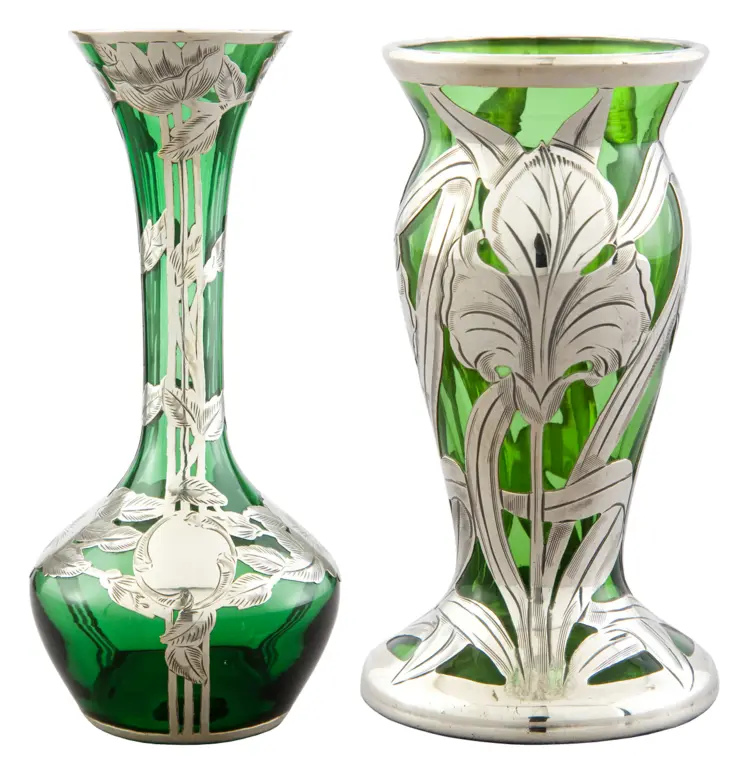 Beautiful Green Vases with Silver Overlay
