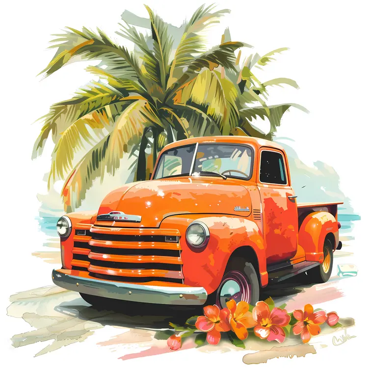 Vintage Orange Truck with Palm Tree and Flowers