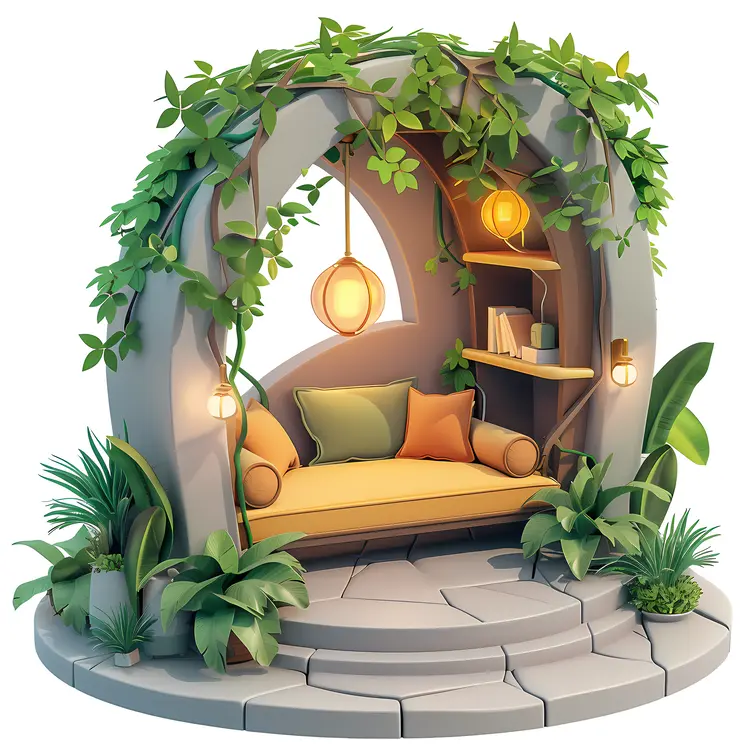 Greenery-Enhanced Reading Nook with Cushions and Books