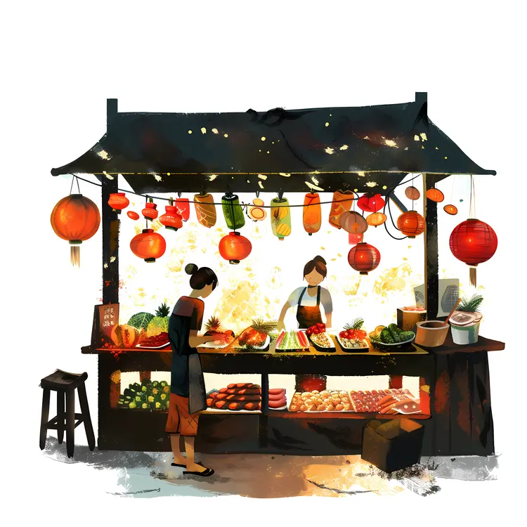 Illustration of a Market Stall with Lanterns