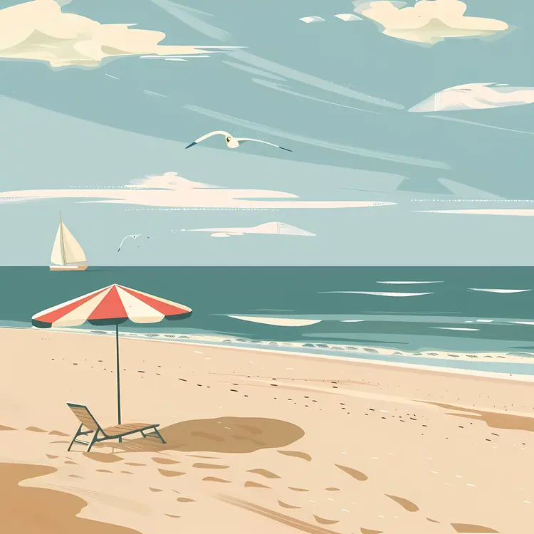 Beach Scene with Umbrella and Sailboat Illustration