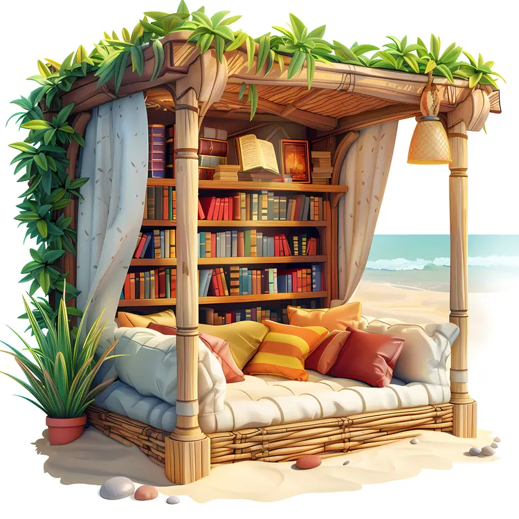 Cozy Beach Library with Cushions