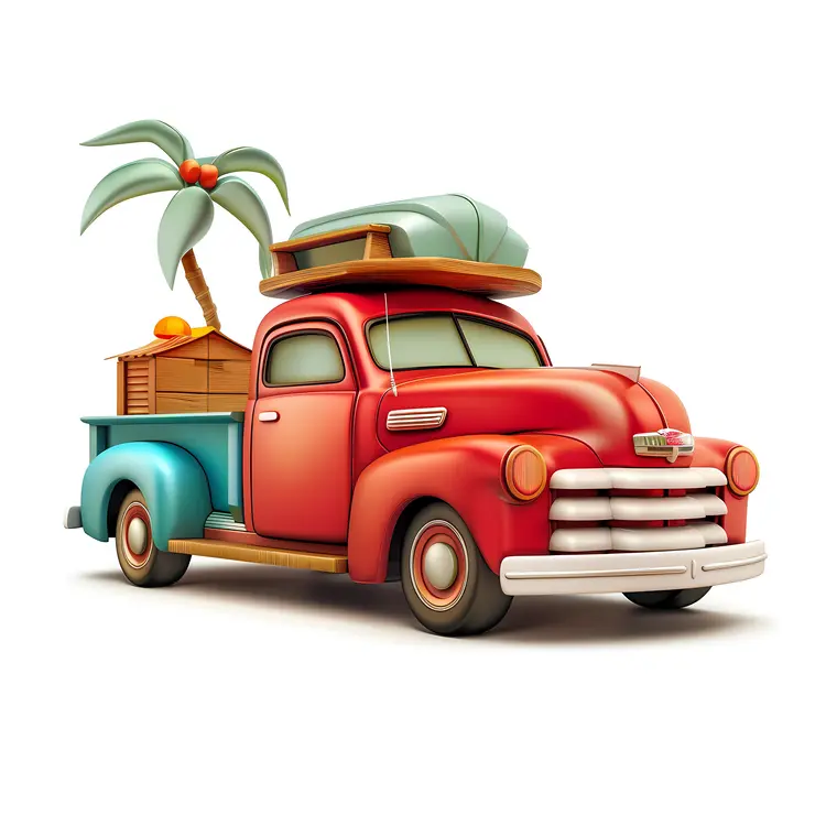 Vintage Red Truck with Palm Tree and Luggage