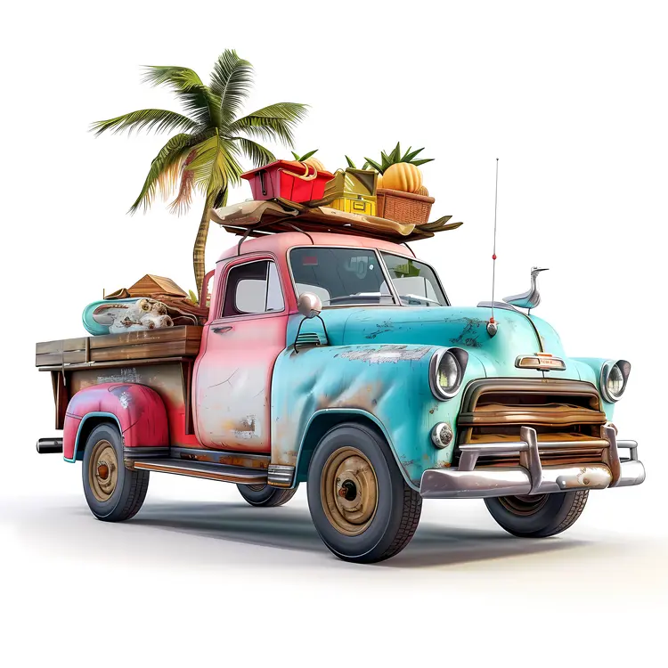 Vintage Truck with Palm Tree for a Retro Vacation