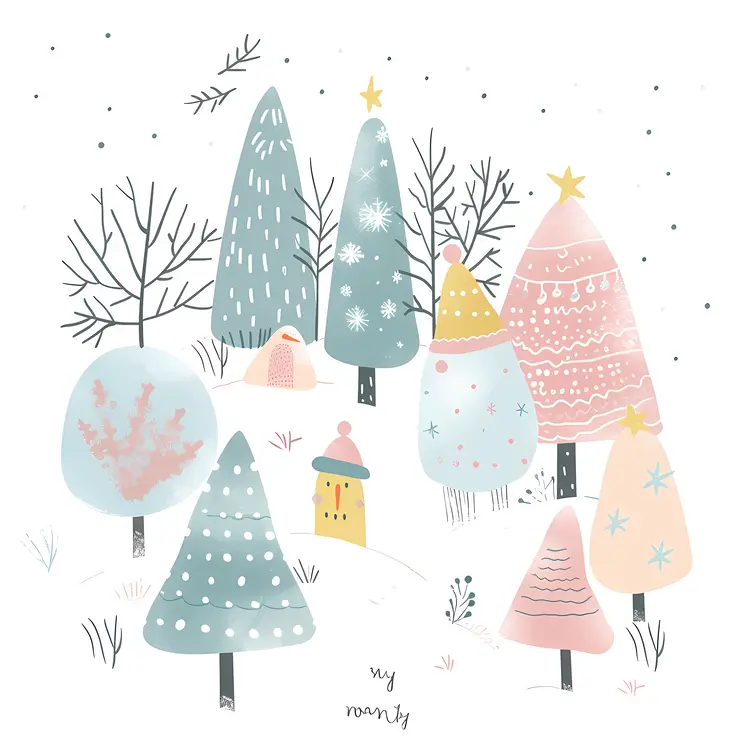 Cute doodle trees in winter scene