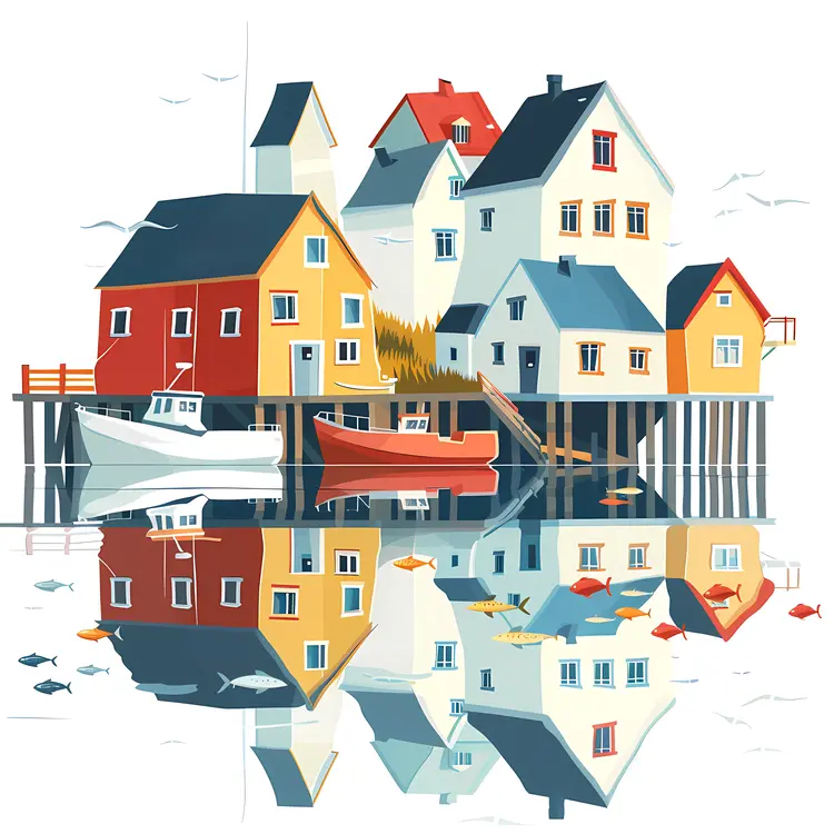 Colorful Houses and Boats with Water Reflection