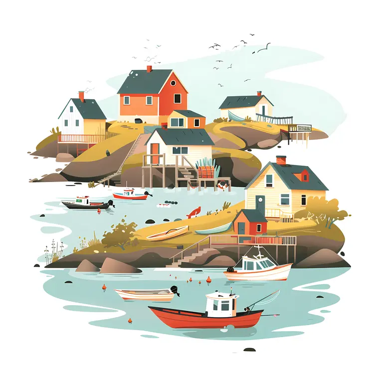 Colorful Houses and Boats in Coastal Village