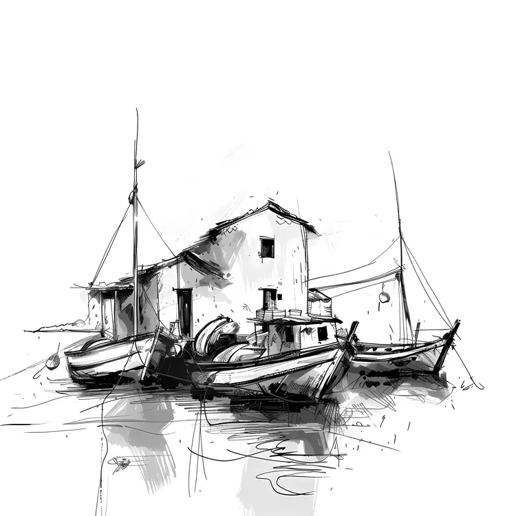 Sketch of Seaside House with Boats
