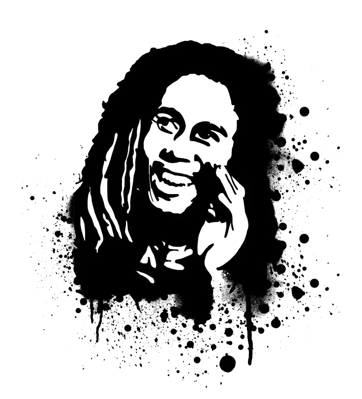 Black and White Portrait of a Smiling Person with Dreadlocks and Splatter Effect