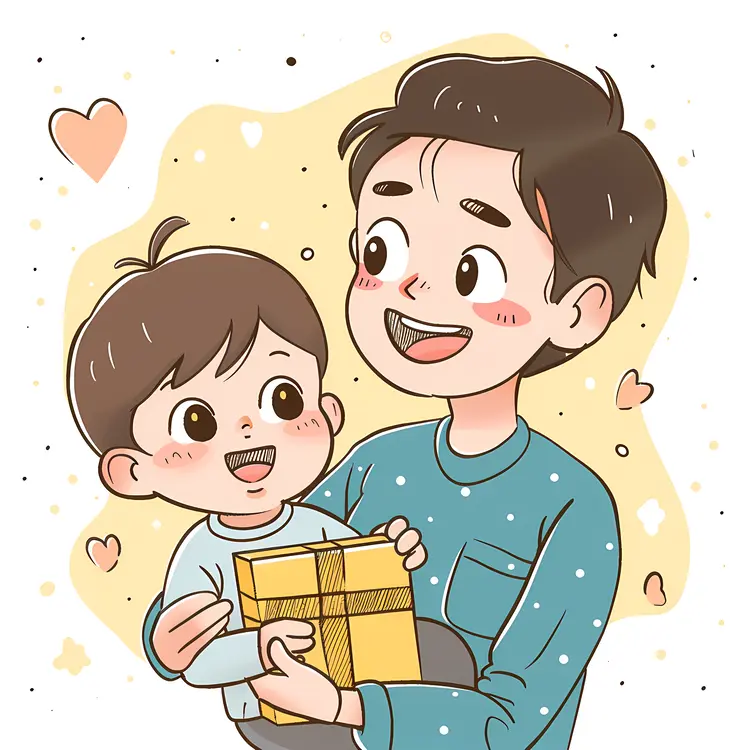 Father and Son with Gift Cartoon Illustration