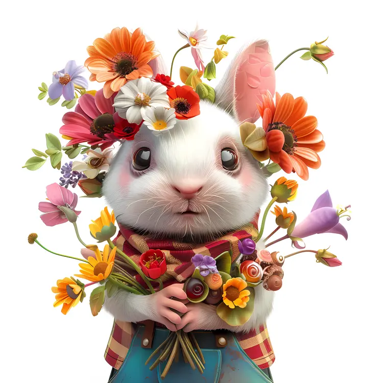 Cute Rabbit with Flower Crown Holding a Bouquet