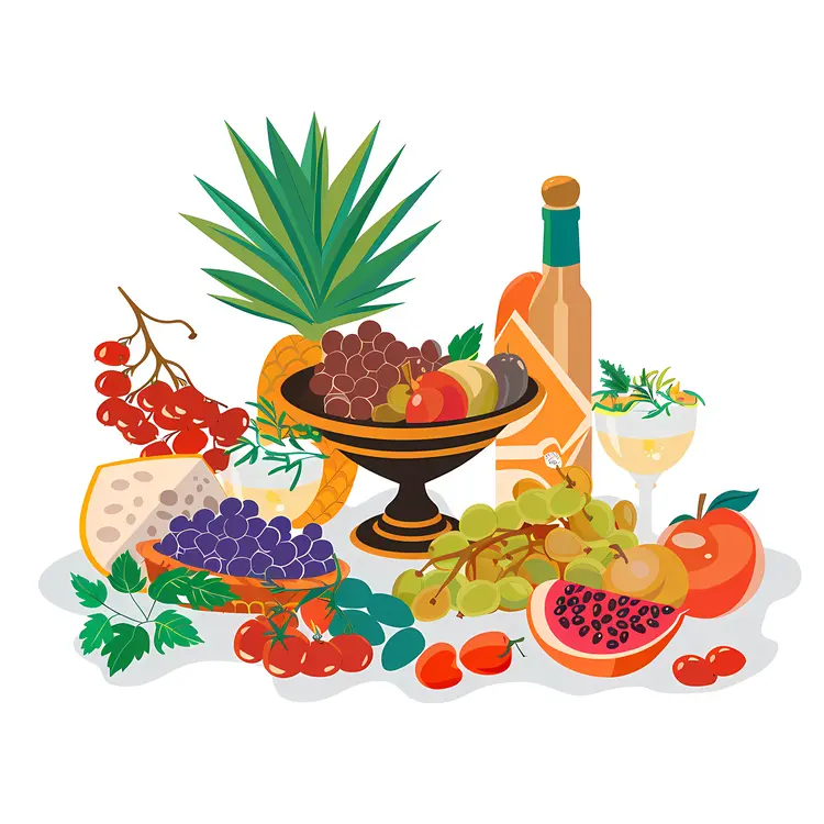 Colorful Fruit Bowl with Wine Bottle