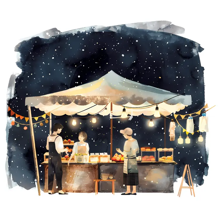 Night Market Stall with Food and Lights