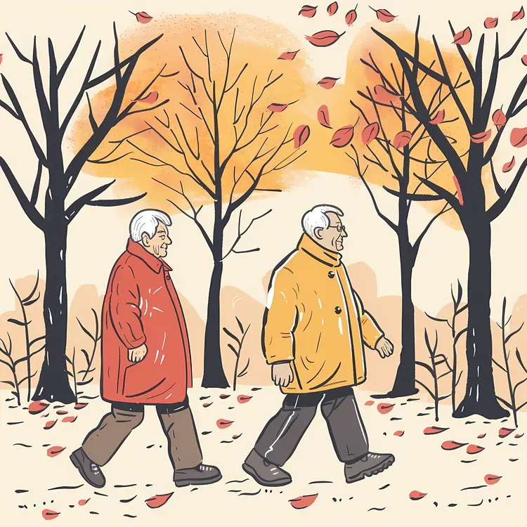 Elderly Couple Walking in Autumn Park
