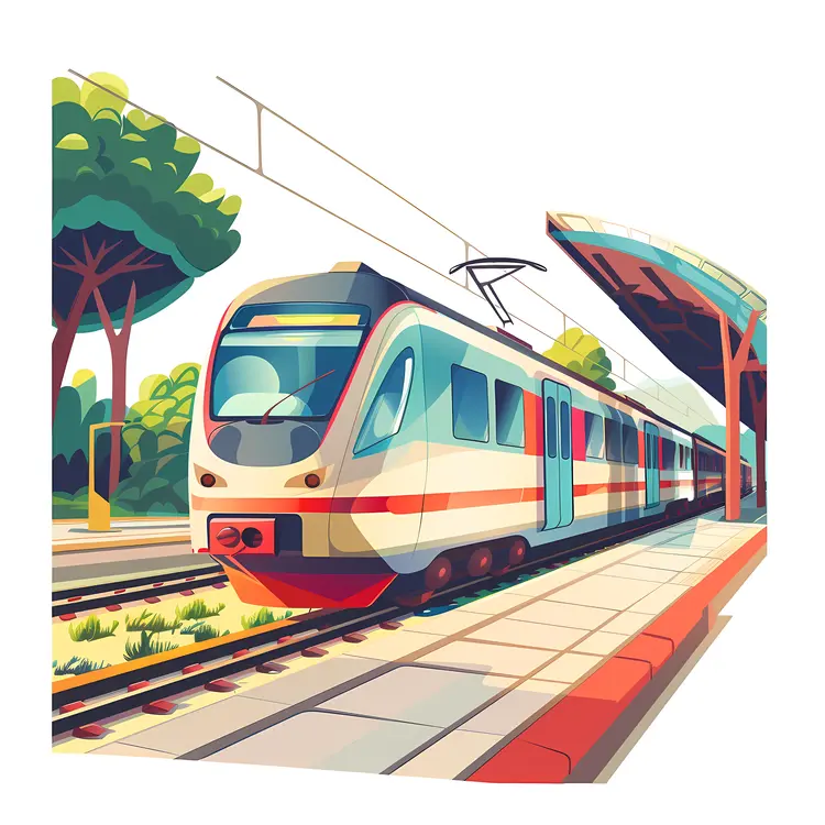 Colorful Train Station with Passengers