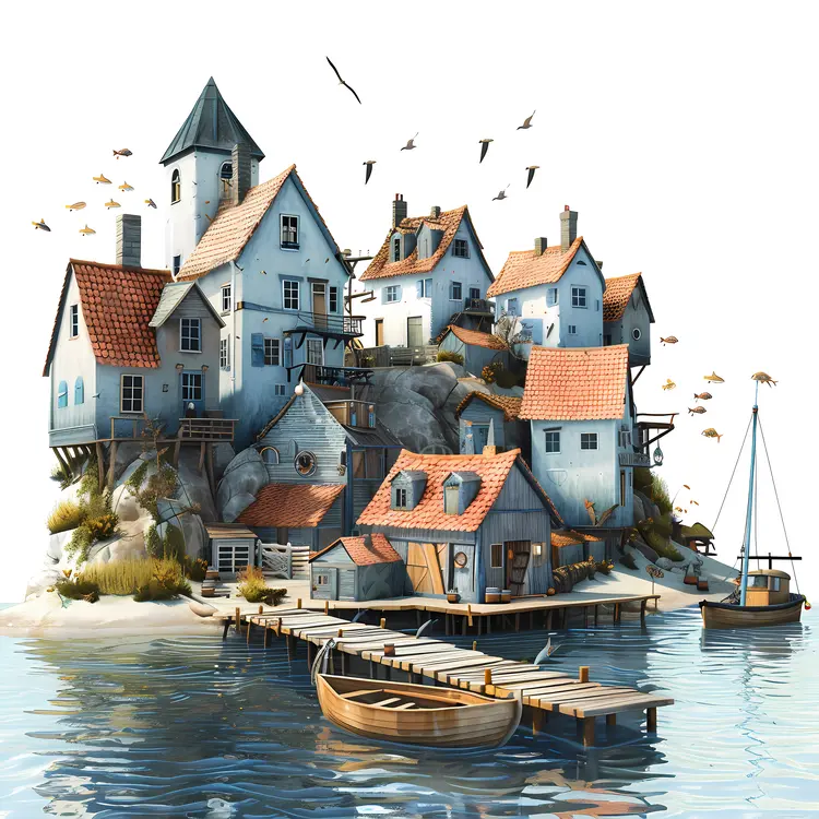 Seaside Village with Boats and Birds