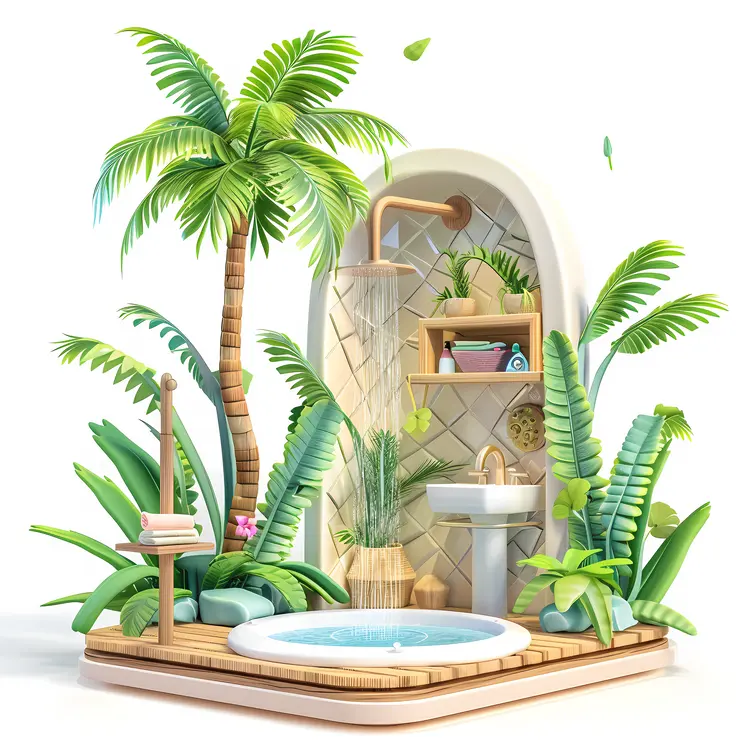 Tropical Themed Bathroom with Shower