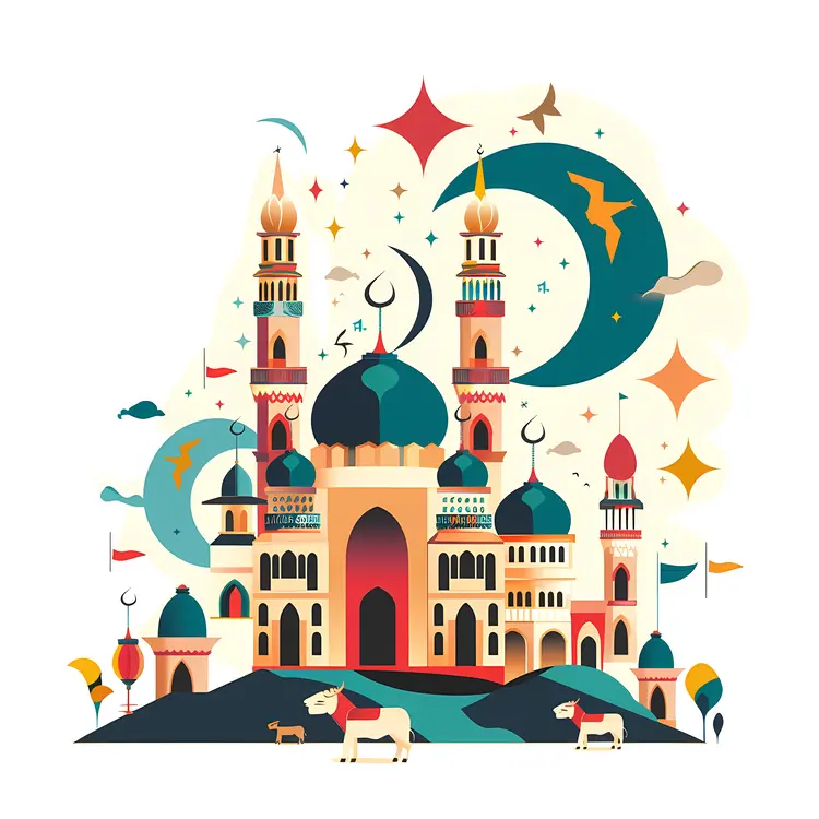 Colorful Mosque with Crescent Moons and Stars