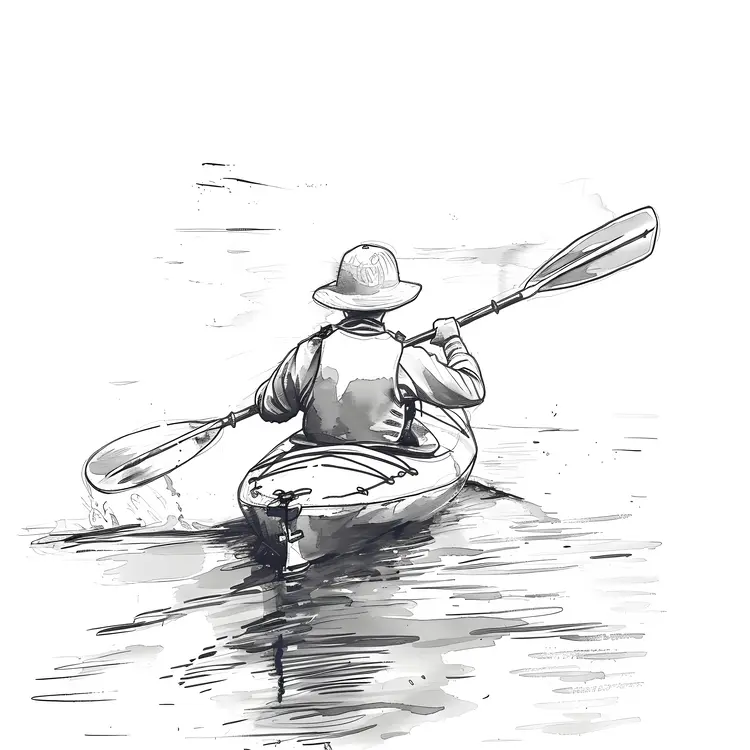 Black and White Sketch of Person Kayaking