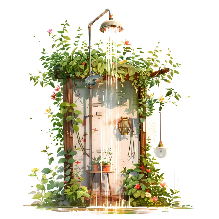 Refreshing Outdoor Shower with Lush Plants