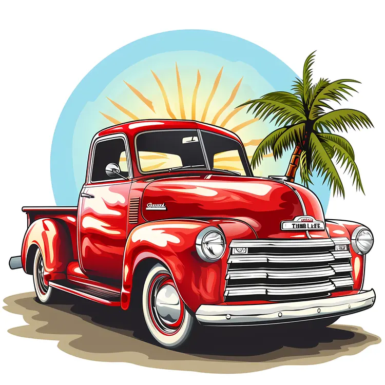 Vintage Red Truck with Palm Tree and Sun