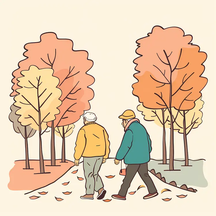 Elderly Couple Walking in Autumn Park