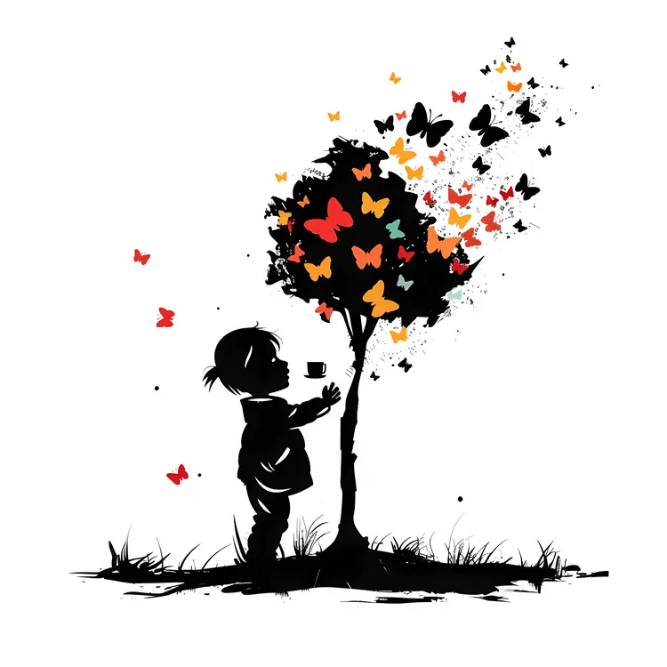 Silhouette of Child with Butterflies