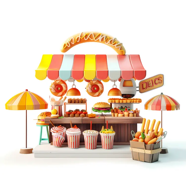 Colorful Food Stall with Red and Yellow Stripes