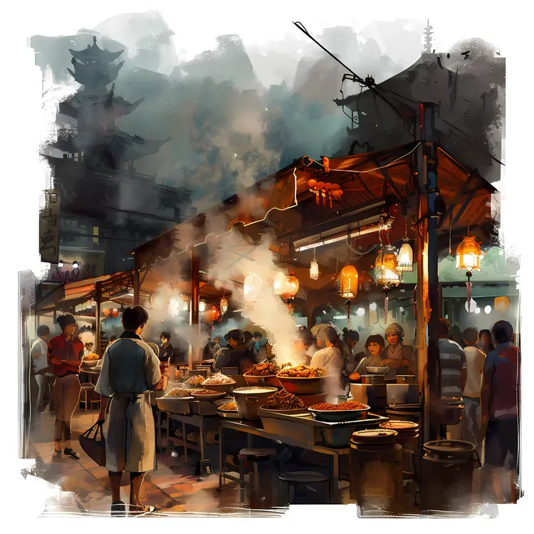 Busy Night Market with Food Stalls
