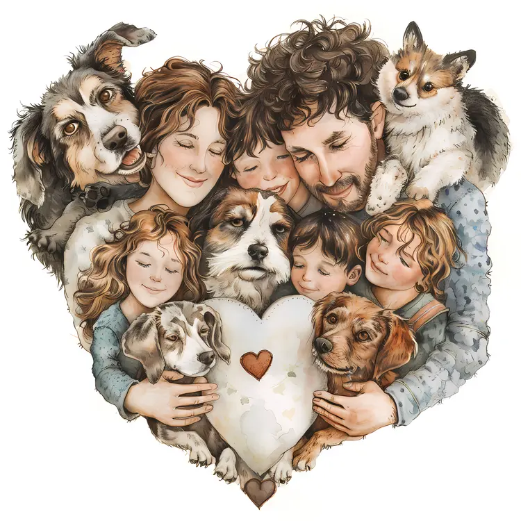 Heartwarming Family and Pets Illustration