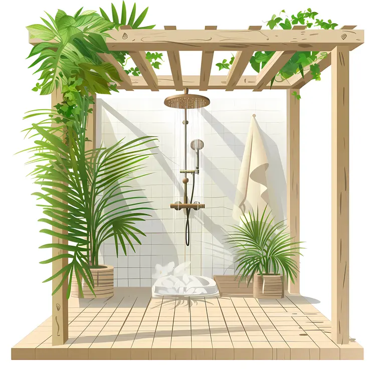 Outdoor Shower with Wooden Pergola