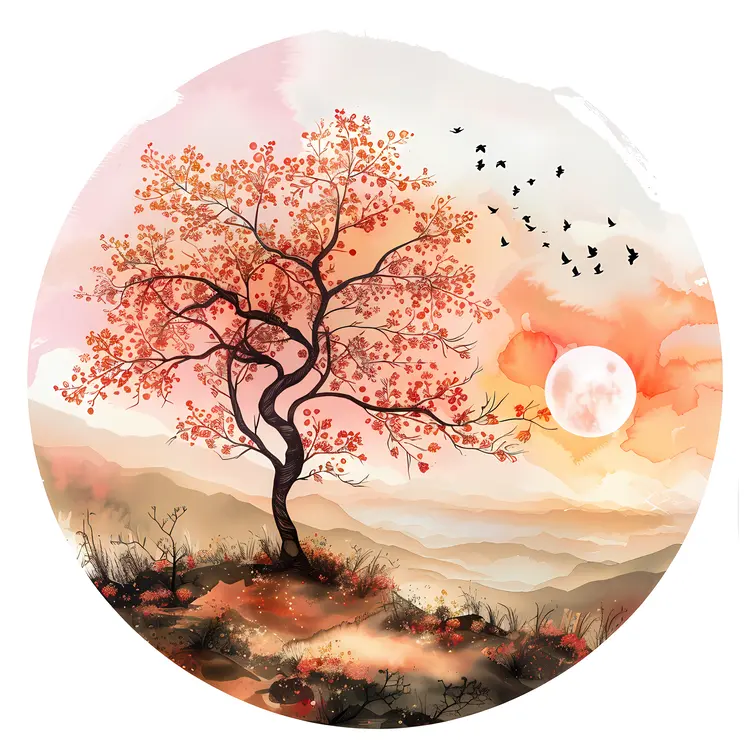 Scenic Tree at Sunset with Birds