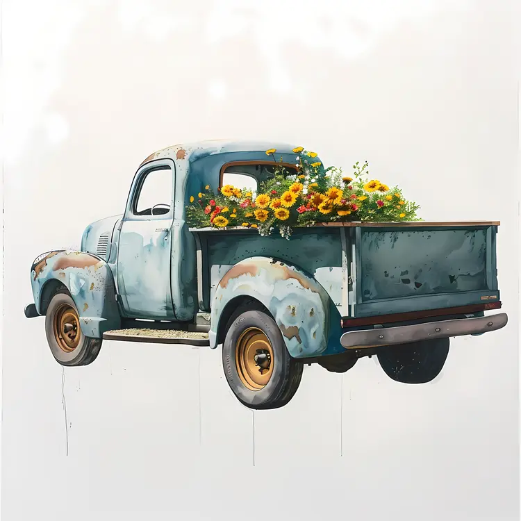 Vintage Truck with Sunflowers